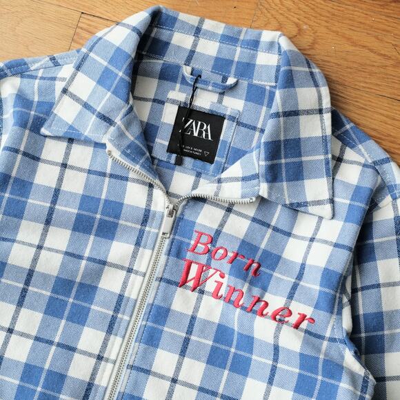 Zara Born Winner Plaid Bomber Jacket in Blue White Plaid Men Size S Retro Casual - Picture 3 of 5